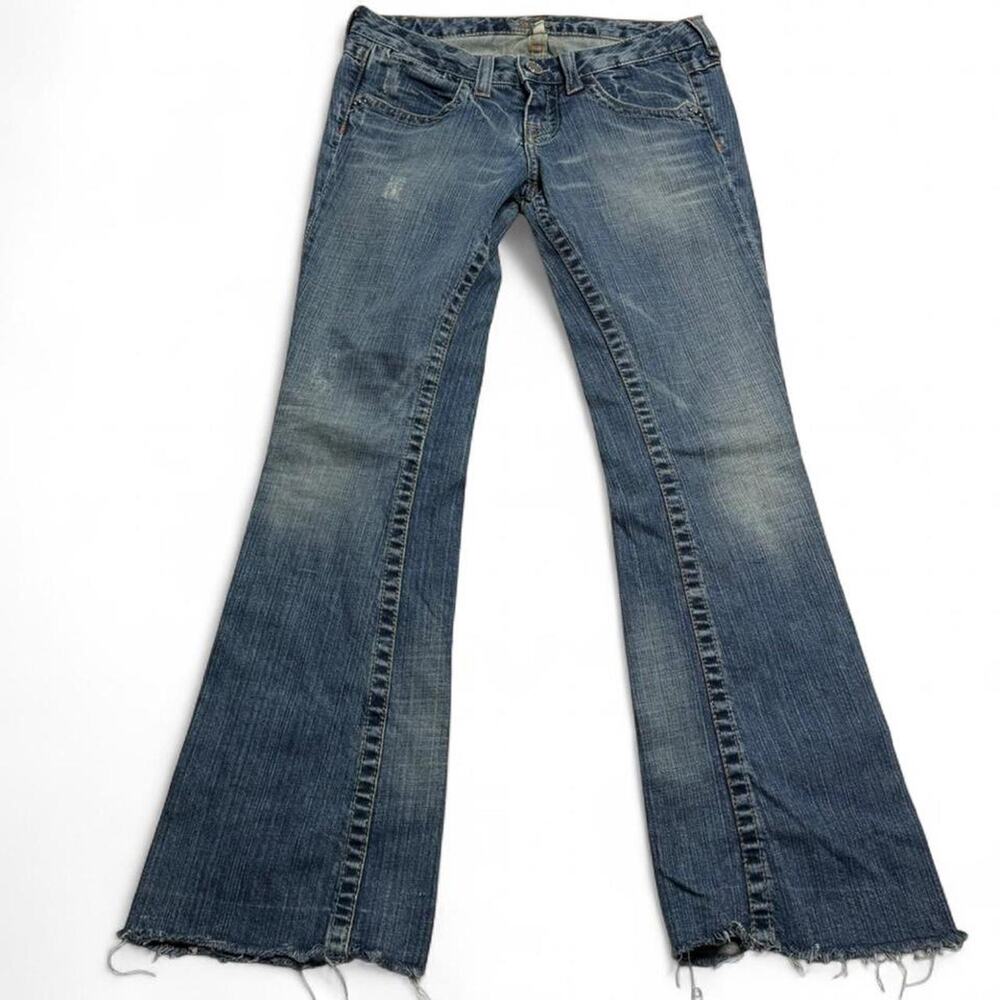 Bebe vintage super low rise flare jeans frayed hem womens size 29 Mcbling button